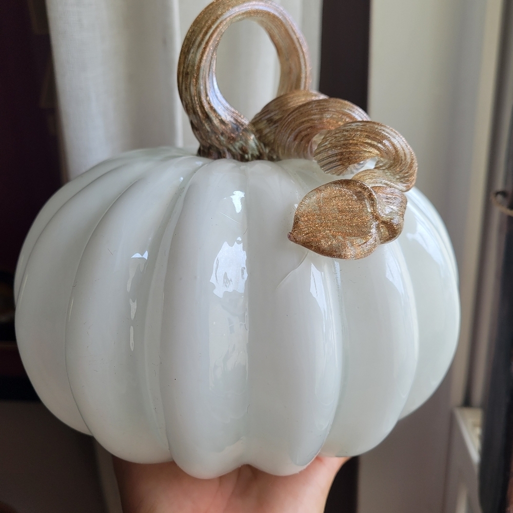 Hand Blown Glass Glossy Pumpkin: White , Gold Leaves Fall Decor Autumn - Picture 8 of 9